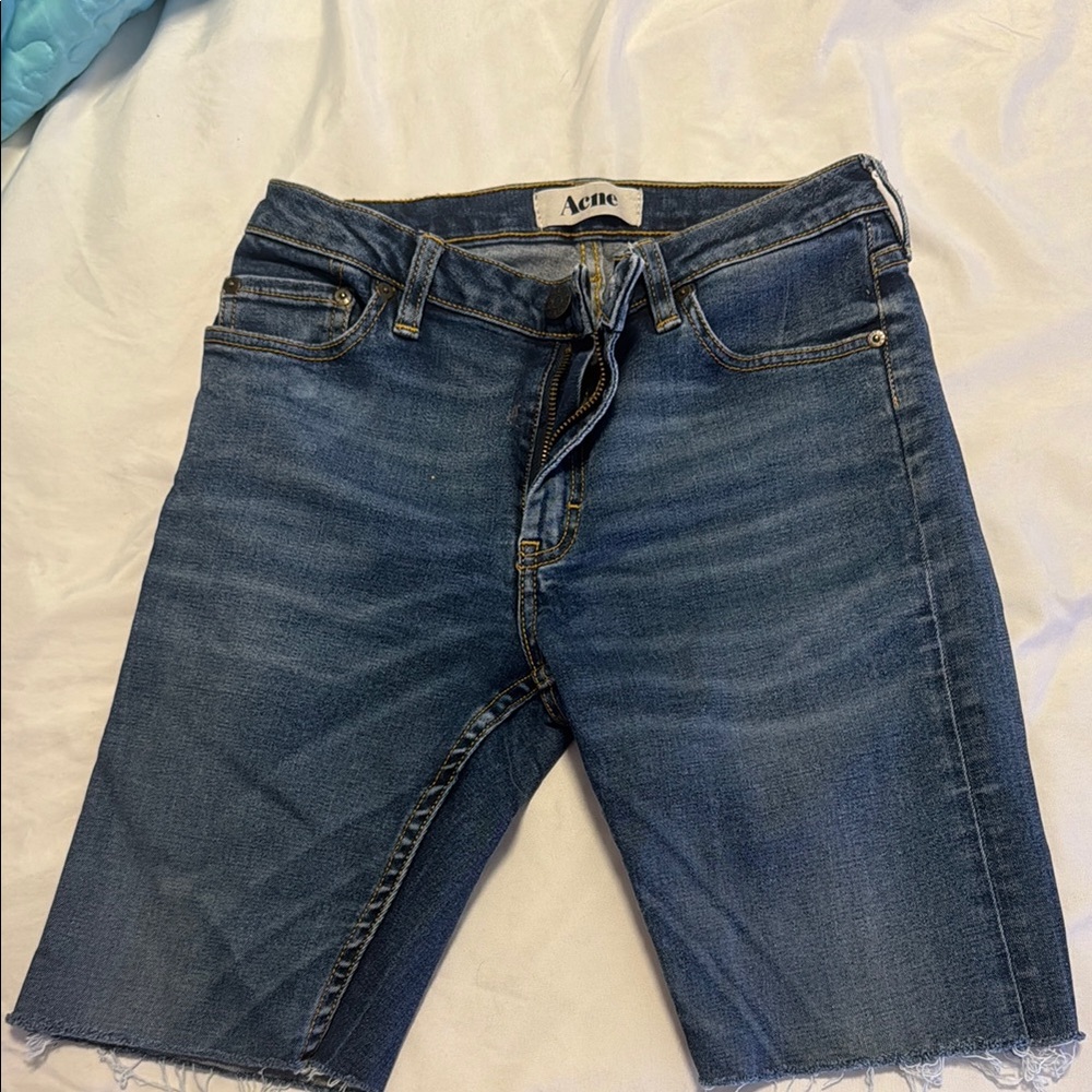 Acne Blue Jean Cutoff Shorts with Distressed Hem